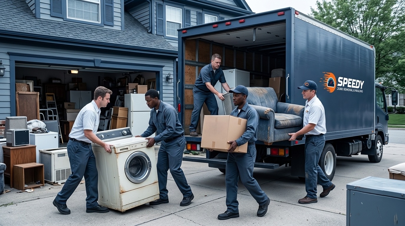 Moving sofa, washing machine, and other household items during junk removal and hauling